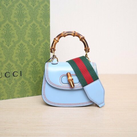 GUCCI Bamboo1947竹節手柄手提包Mini17帆布肩帶藍色牛皮金扣肩背包