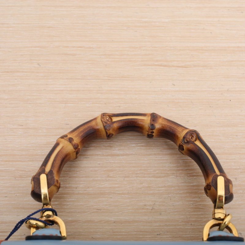 GUCCI Bamboo1947竹節手柄手提包Mini17帆布肩帶藍色牛皮金扣肩背包-2