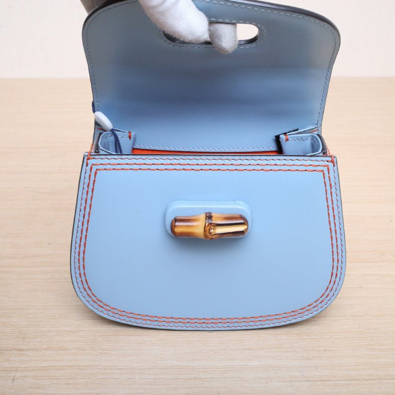 GUCCI Bamboo1947竹節手柄手提包Mini17帆布肩帶藍色牛皮金扣肩背包-3