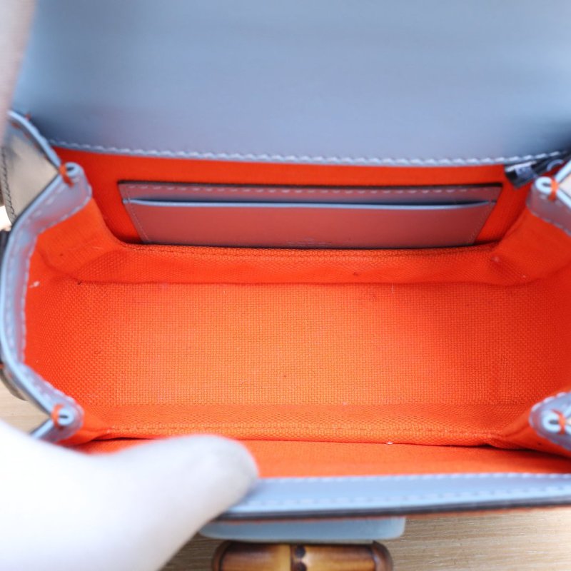 GUCCI Bamboo1947竹節手柄手提包Mini17帆布肩帶藍色牛皮金扣肩背包-4