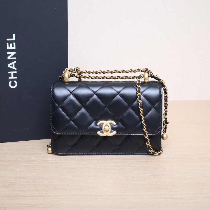 CHANEL 24CCF口蓋包19黑色牛皮晶片開金扣雙金珠皮穿鏈肩背包-0