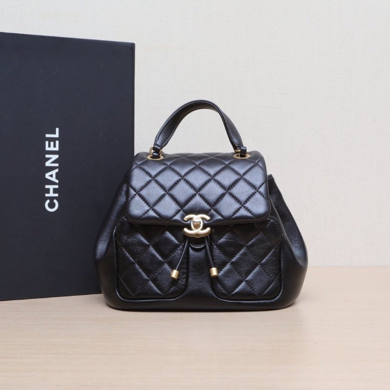CHANEL 黑色羊皮晶片開金扣23k隱藏款經典菱格紋雙肩包肩背包-0