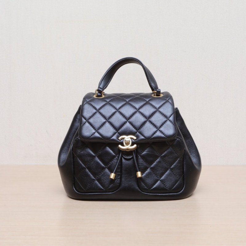 CHANEL 黑色羊皮晶片開金扣23k隱藏款經典菱格紋雙肩包肩背包-1