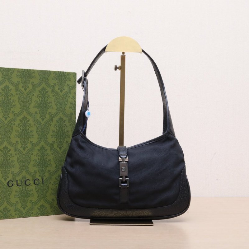 GUCCI 黑色牛皮帆布銀扣中古腋下hobo包/肩背包-0