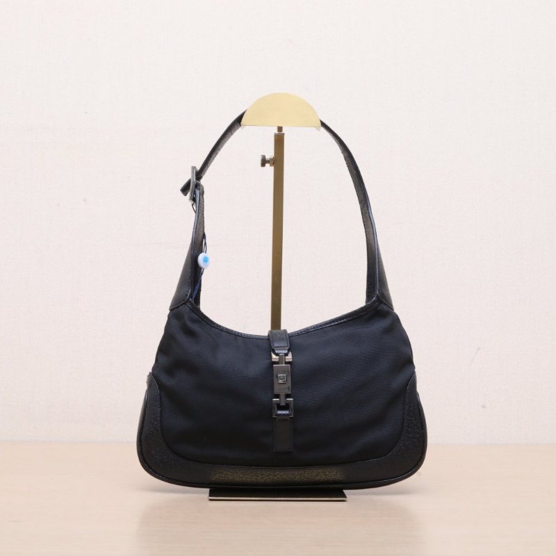 GUCCI 黑色牛皮帆布銀扣中古腋下hobo包/肩背包-1