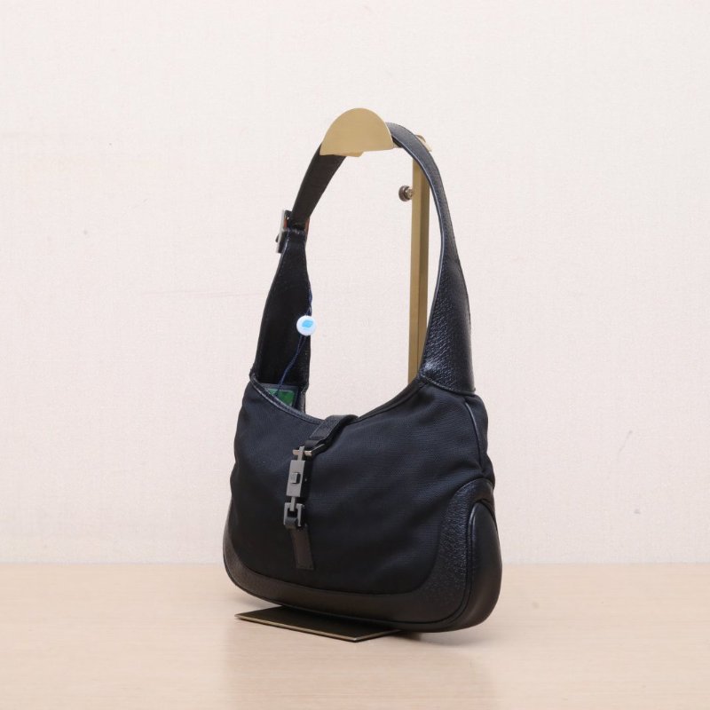 GUCCI 黑色牛皮帆布銀扣中古腋下hobo包/肩背包-3