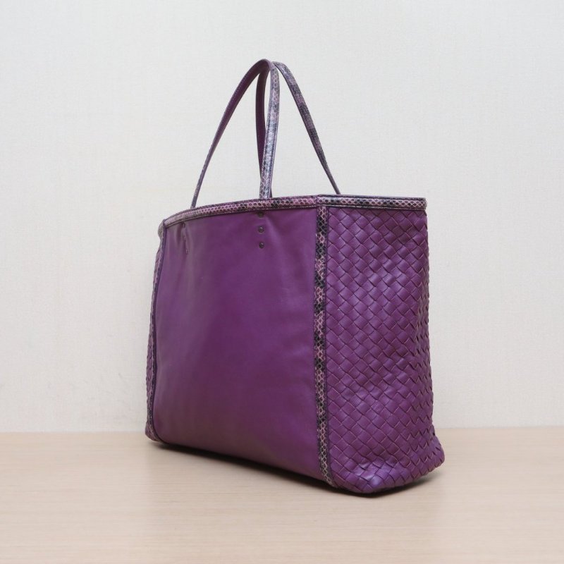 BOTTEGA VENETA 紫色羊皮蛇皮無編織拼接托特購物袋/肩背包-3