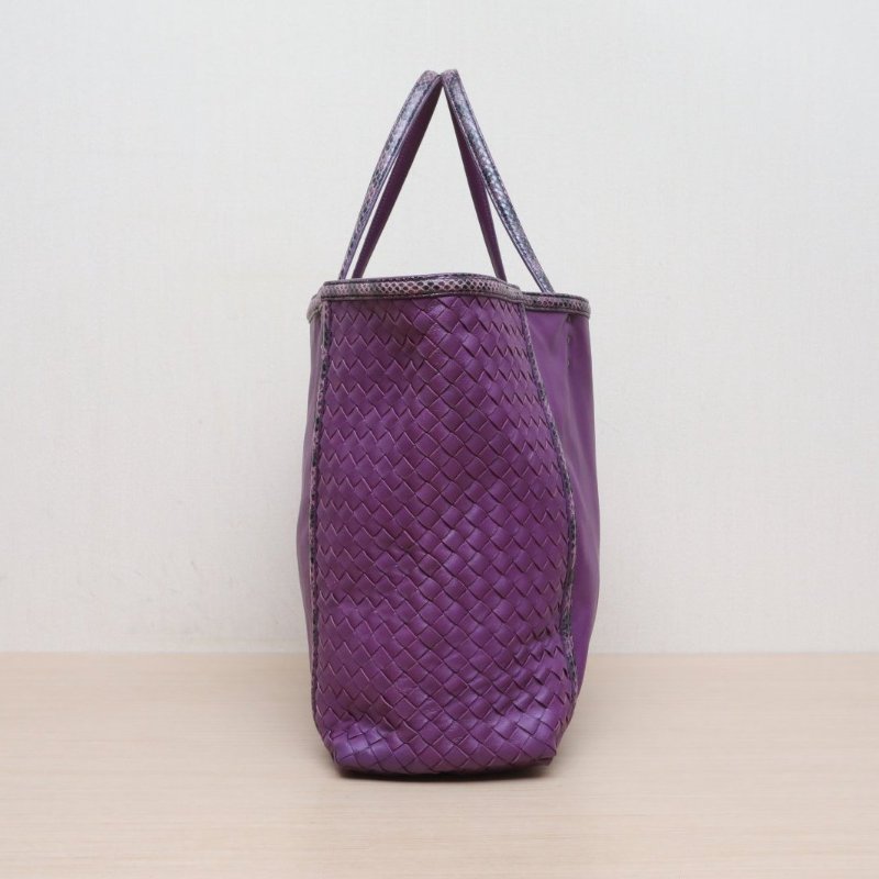 BOTTEGA VENETA 紫色羊皮蛇皮無編織拼接托特購物袋/肩背包-4