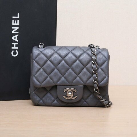 CHANEL CF口蓋包方胖子17灰色牛皮20開銀扣肩背包