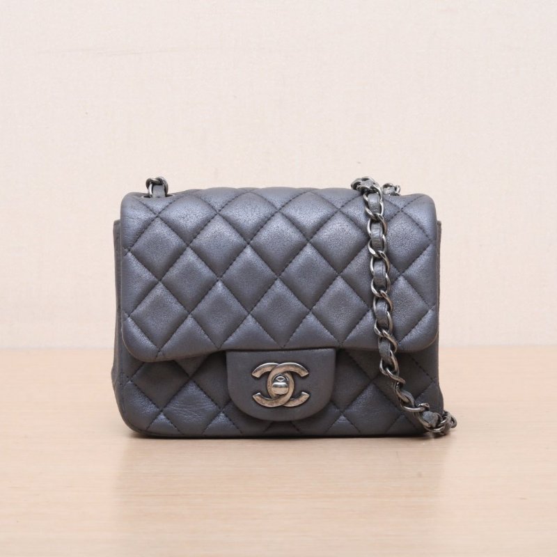 CHANEL CF口蓋包方胖子17灰色牛皮20開銀扣肩背包-1