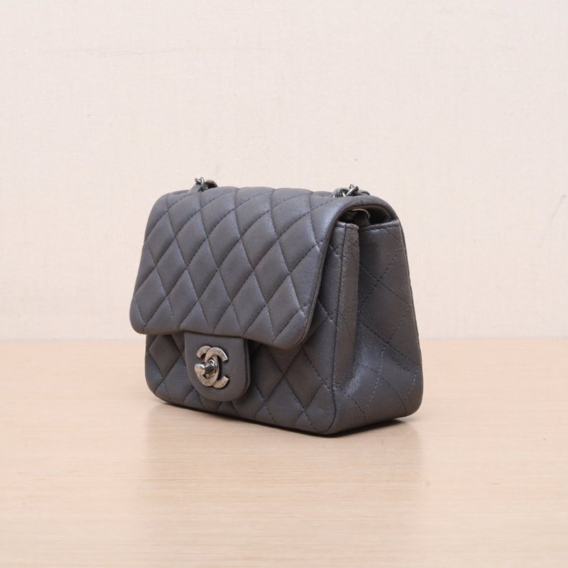 CHANEL CF口蓋包方胖子17灰色牛皮20開銀扣肩背包-4