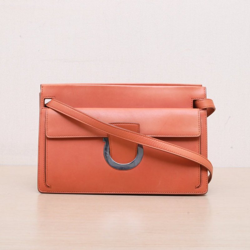 FERRAGAMO 橙色牛皮Thalia馬蹄扣單肩斜挎包肩背包-0