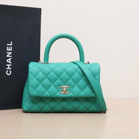 CHANEL CocoHandle小號2430開綠色荔枝牛皮金扣肩背包