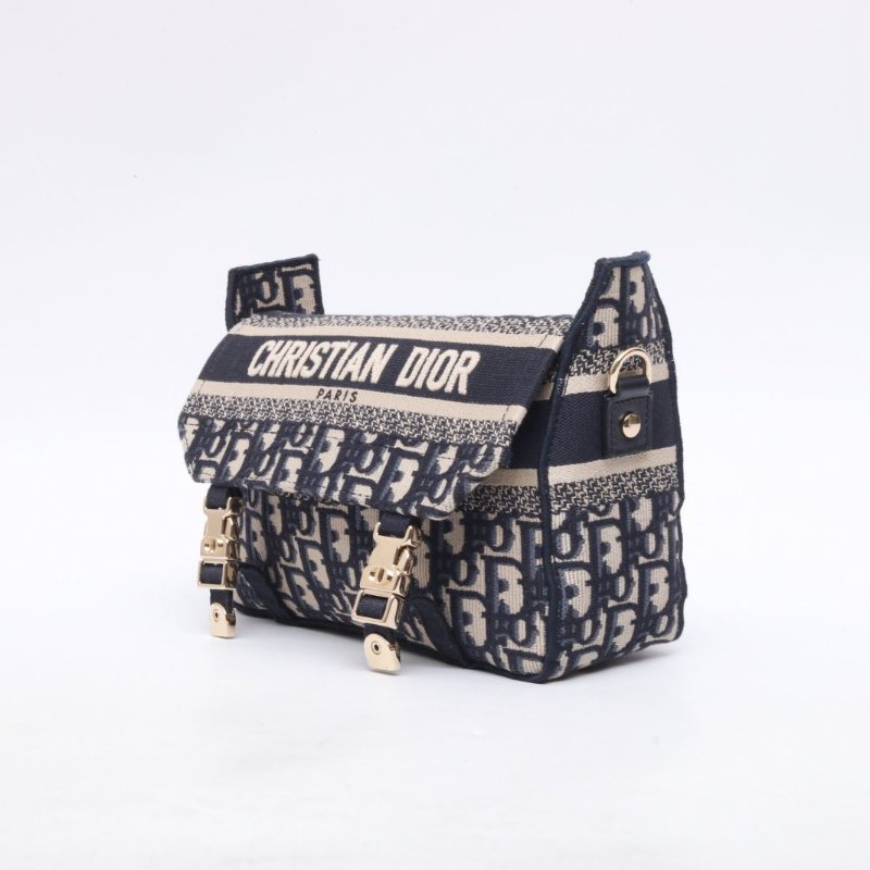 DIOR 藍色帆布淺金扣2022迪奧Diorcamp經典刺繡郵差包小號23肩背包-2