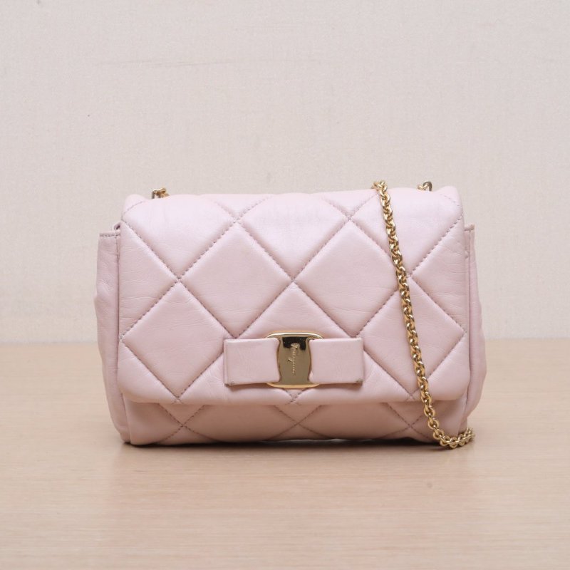 Salvatore Ferragamo 粉色羊皮蝴蝶結鏈條包斜跨包mini19肩背包-0