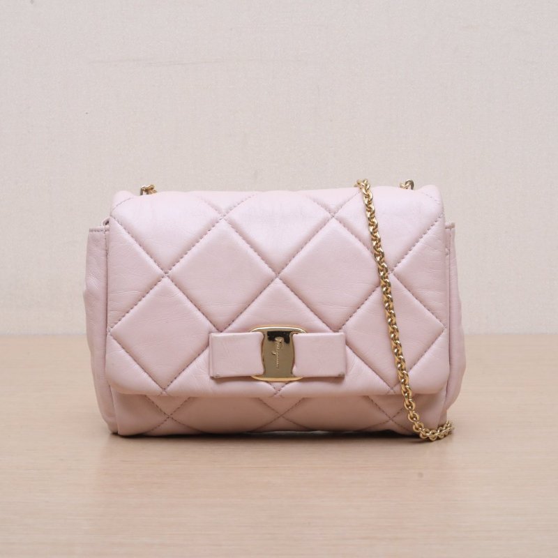 Salvatore Ferragamo 粉色羊皮蝴蝶結鏈條包斜跨包mini19肩背包-1