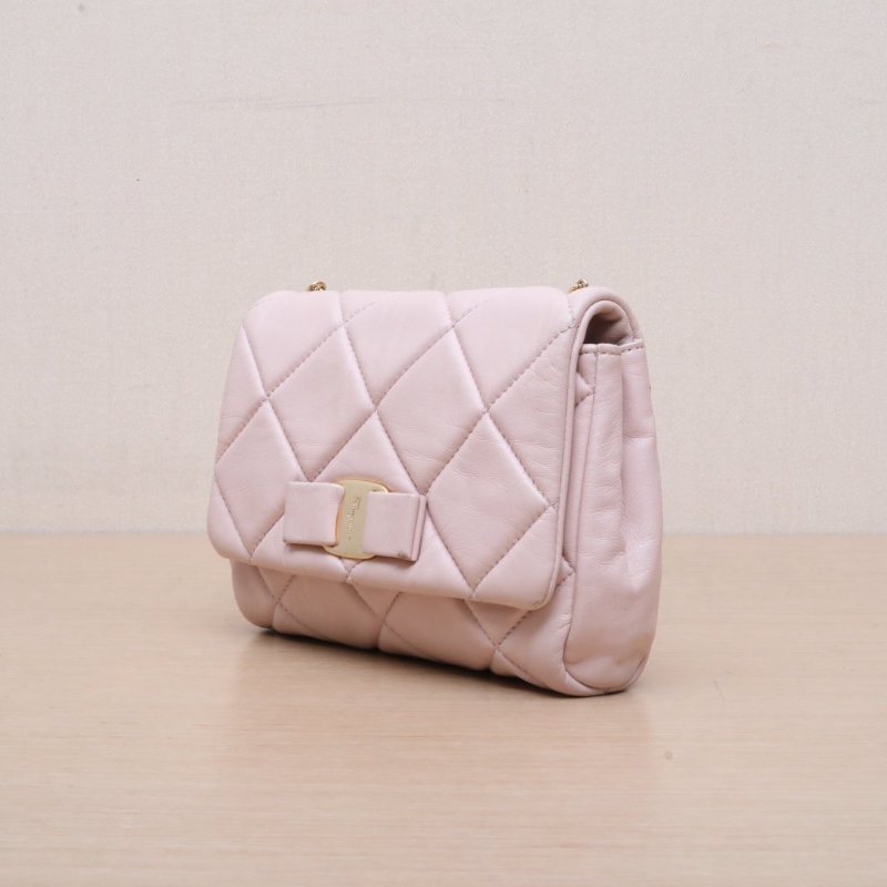 Salvatore Ferragamo 粉色羊皮蝴蝶結鏈條包斜跨包mini19肩背包-4