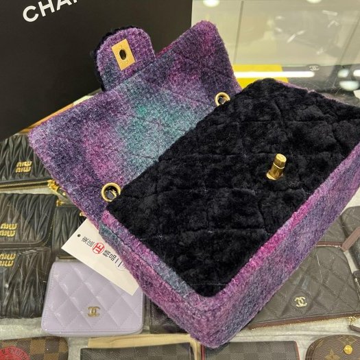 東區正精品㊣CHANEL COCO 25cm 近全新香奈兒黑色拼紫色毛呢金鍊金扣肩背包 RZ6094-2
