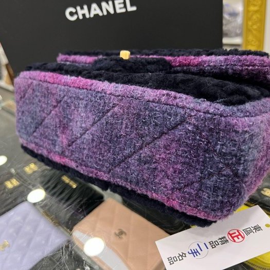 東區正精品㊣CHANEL COCO 25cm 近全新香奈兒黑色拼紫色毛呢金鍊金扣肩背包 RZ6094-5