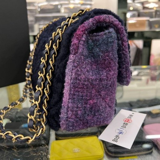 東區正精品㊣CHANEL COCO 25cm 近全新香奈兒黑色拼紫色毛呢金鍊金扣肩背包 RZ6094-7