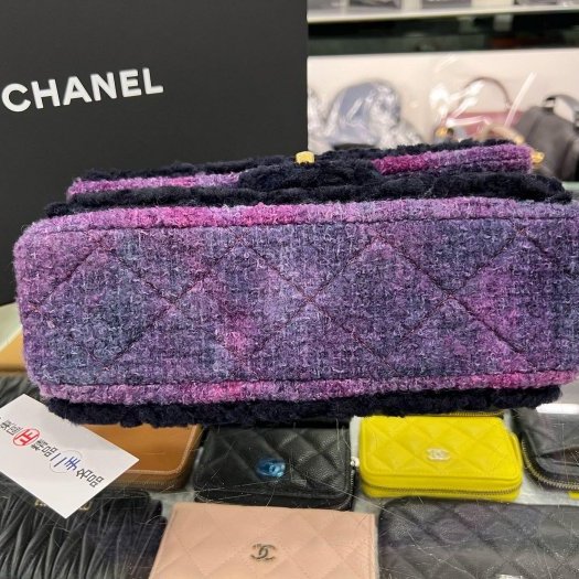 東區正精品㊣CHANEL COCO 25cm 近全新香奈兒黑色拼紫色毛呢金鍊金扣肩背包 RZ6094-8