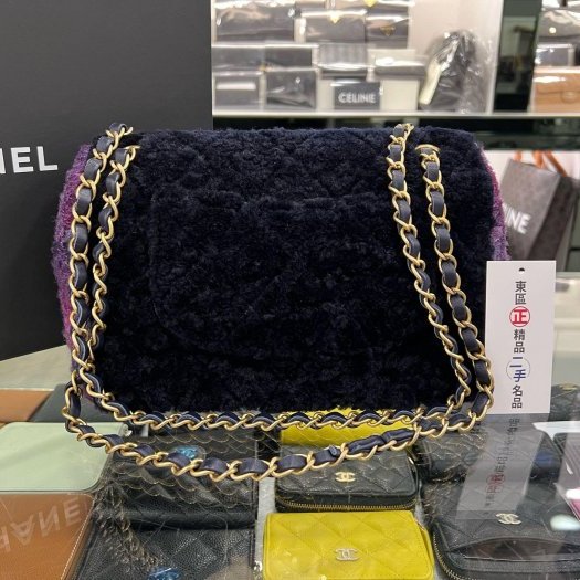 東區正精品㊣CHANEL COCO 25cm 近全新香奈兒黑色拼紫色毛呢金鍊金扣肩背包 RZ6094-9