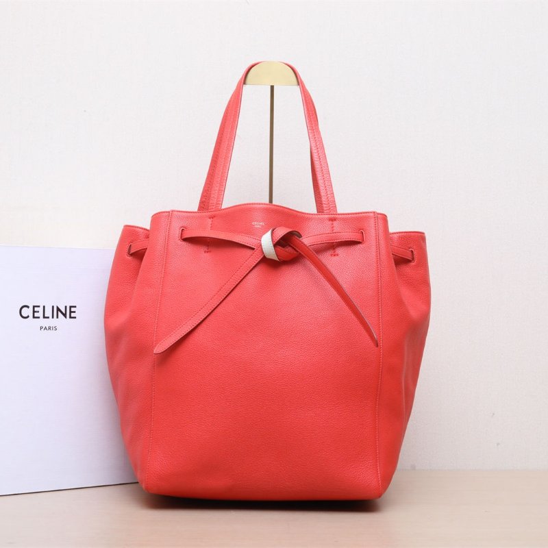CELINE 紅色荔枝牛皮無手提豎版托特包大號30*34肩背包-0