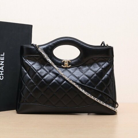 CHANEL 31Bag中號橫版36黑色羊皮晶片開金扣肩背包