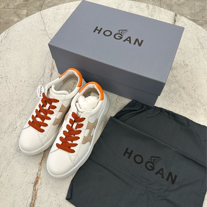 HOGAN Rebel H564 H 橘尾小牛皮拼麂皮繫帶厚底運動鞋 小白鞋(女鞋/棕色)-2