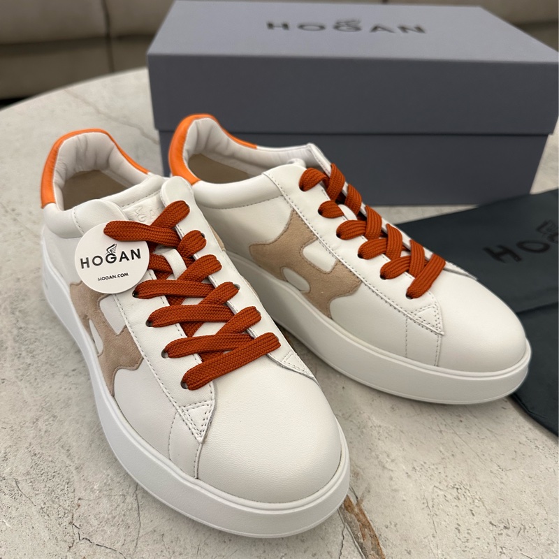 HOGAN Rebel H564 H 橘尾小牛皮拼麂皮繫帶厚底運動鞋 小白鞋(女鞋/棕色)-3