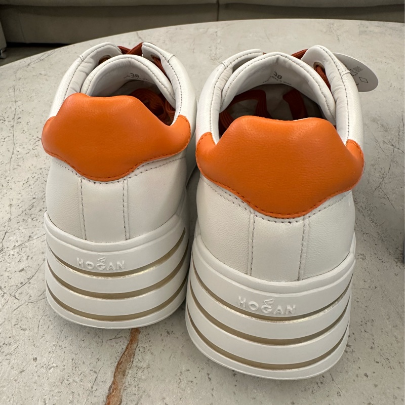 HOGAN Rebel H564 H 橘尾小牛皮拼麂皮繫帶厚底運動鞋 小白鞋(女鞋/棕色)-6