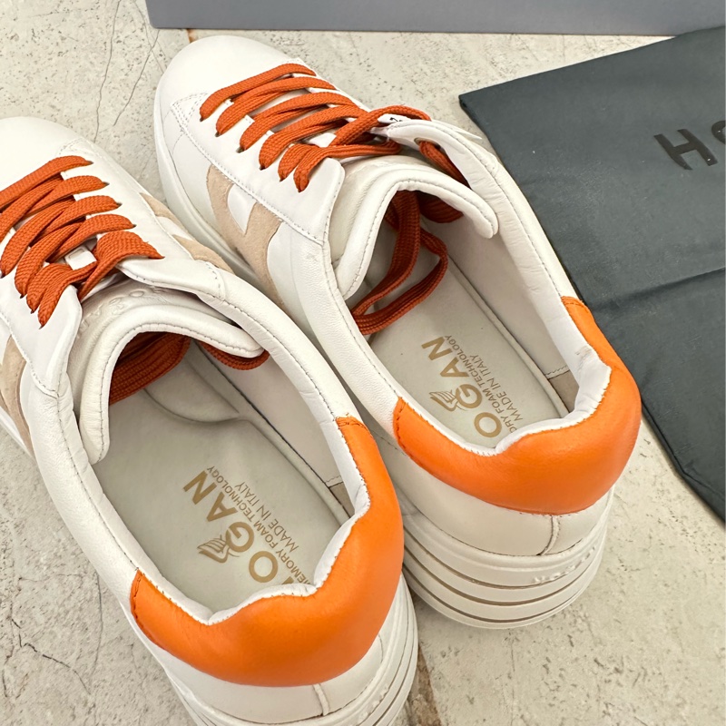 HOGAN Rebel H564 H 橘尾小牛皮拼麂皮繫帶厚底運動鞋 小白鞋(女鞋/棕色)-7