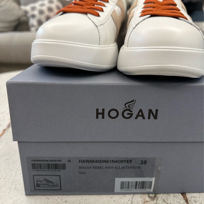 HOGAN Rebel H564 H 橘尾小牛皮拼麂皮繫帶厚底運動鞋 小白鞋(女鞋/棕色)-10