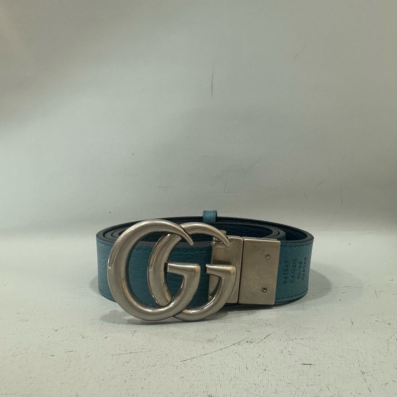 Gucci 643847 藍黑色雙面銀釦皮帶 90/36-0