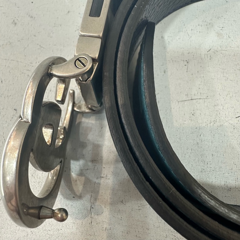 Gucci 643847 藍黑色雙面銀釦皮帶 90/36-6