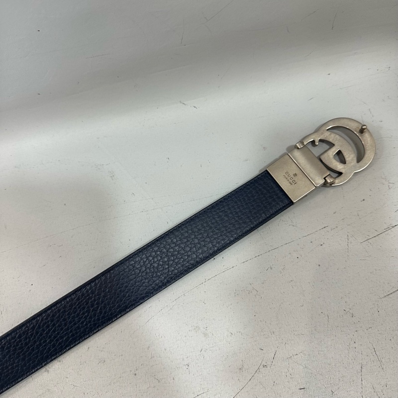 Gucci 643847 藍黑色雙面銀釦皮帶 90/36-11