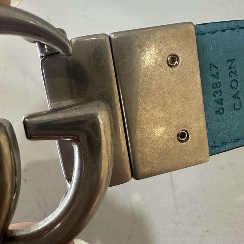 Gucci 643847 藍黑色雙面銀釦皮帶 90/36-14