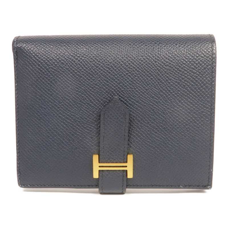 HERMES Epsom皮革Bearn Compact Wallet金扣錢包Bleu Nuit-0