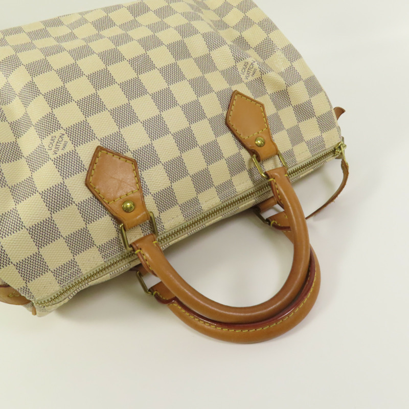 LOUIS VUITTON Damier Azur Speedy 30金扣手挽袋白色-4