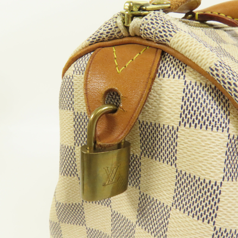 LOUIS VUITTON Damier Azur Speedy 30金扣手挽袋白色-6