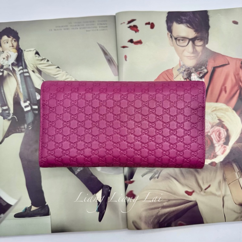 GUCCI 古馳Guccissima 壓紋瑰紅色翻蓋扣式長夾-1