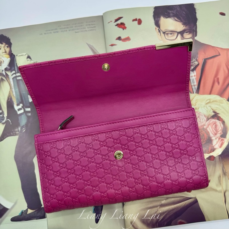 GUCCI 古馳Guccissima 壓紋瑰紅色翻蓋扣式長夾-5