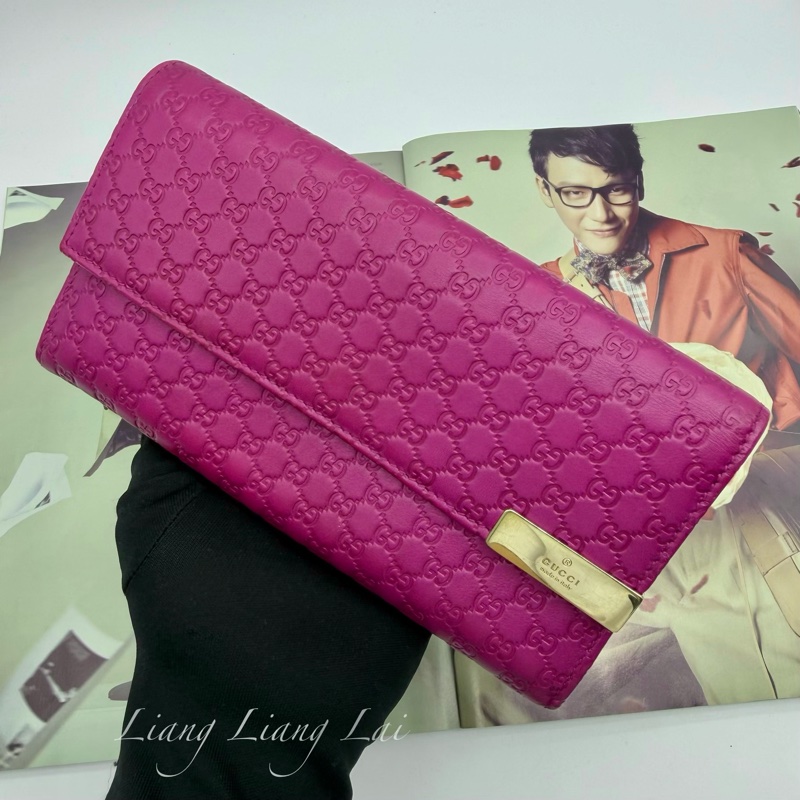 GUCCI 古馳Guccissima 壓紋瑰紅色翻蓋扣式長夾-16