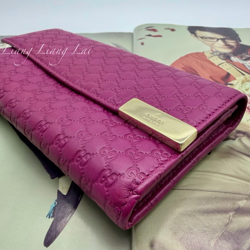 GUCCI 古馳Guccissima 壓紋瑰紅色翻蓋扣式長夾-22