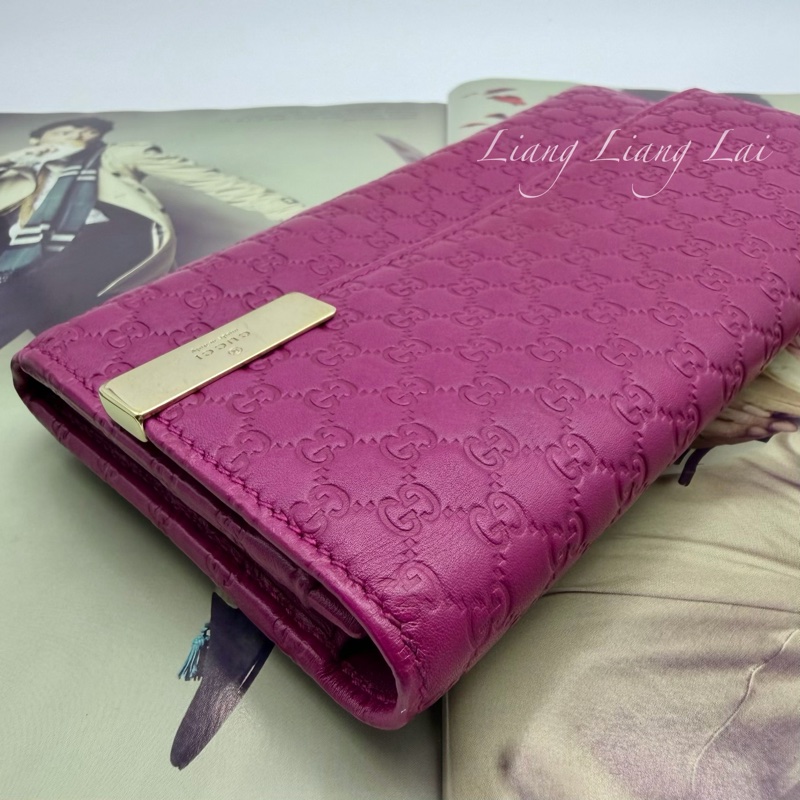 GUCCI 古馳Guccissima 壓紋瑰紅色翻蓋扣式長夾-23