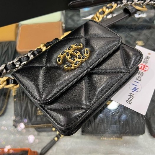 東區正精品㊣CHANEL 19 AP2522 近全新香奈兒黑色大菱格紋山羊皮銀扣金銀鍊小廢包斜背包 RZ569-4