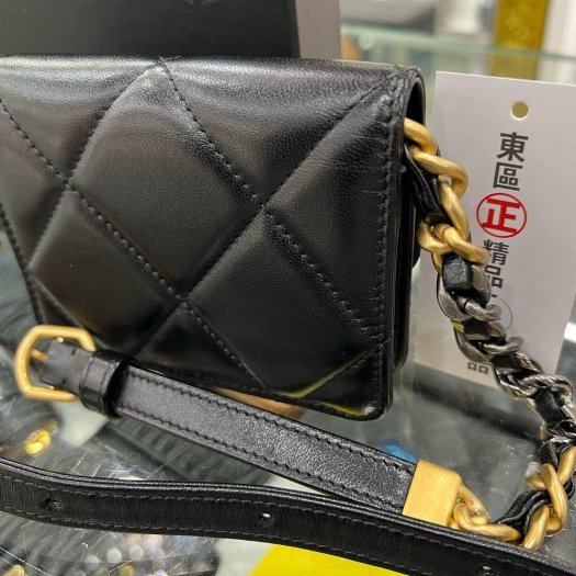 東區正精品㊣CHANEL 19 AP2522 近全新香奈兒黑色大菱格紋山羊皮銀扣金銀鍊小廢包斜背包 RZ569-6