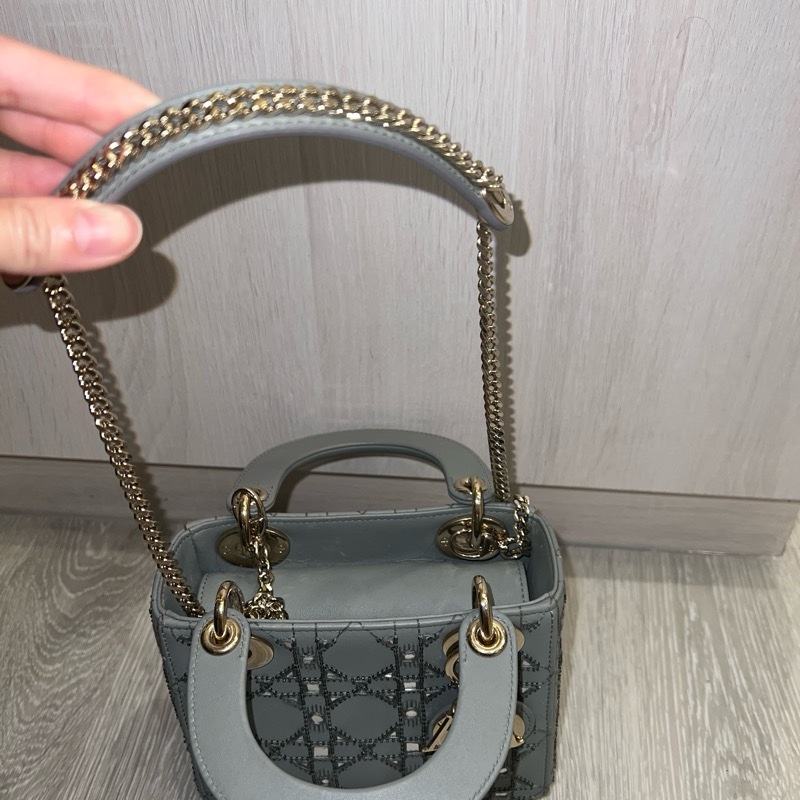 Dior 迪奧三格灰色釘珠金扣戴妃包 Lady Dior-9
