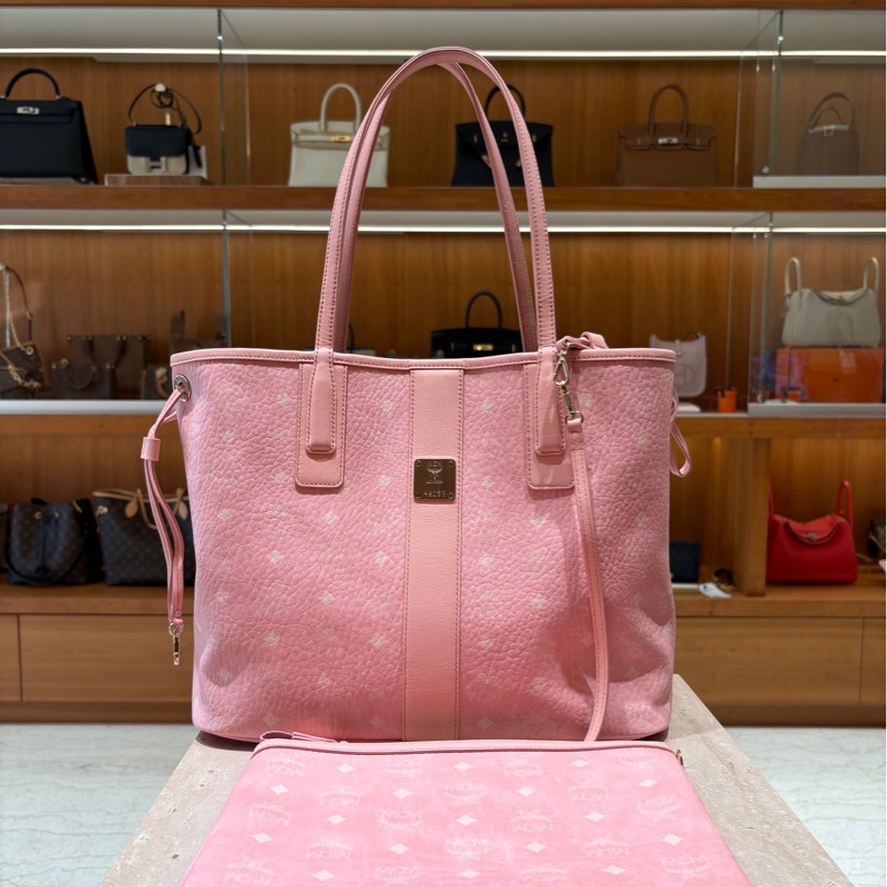 【百搭托特、雙面設計】MCM Reversible Liz Shopper|粉色 Visetos 圖騰帆布包|附內袋|肩背大容量購物袋-0