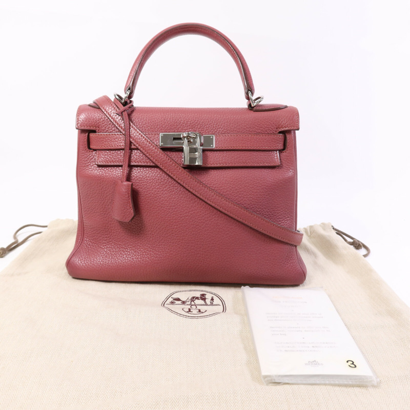 HERMES Togo皮革Kelly 28銀扣手挽肩背兩用袋Bois de Rose-6